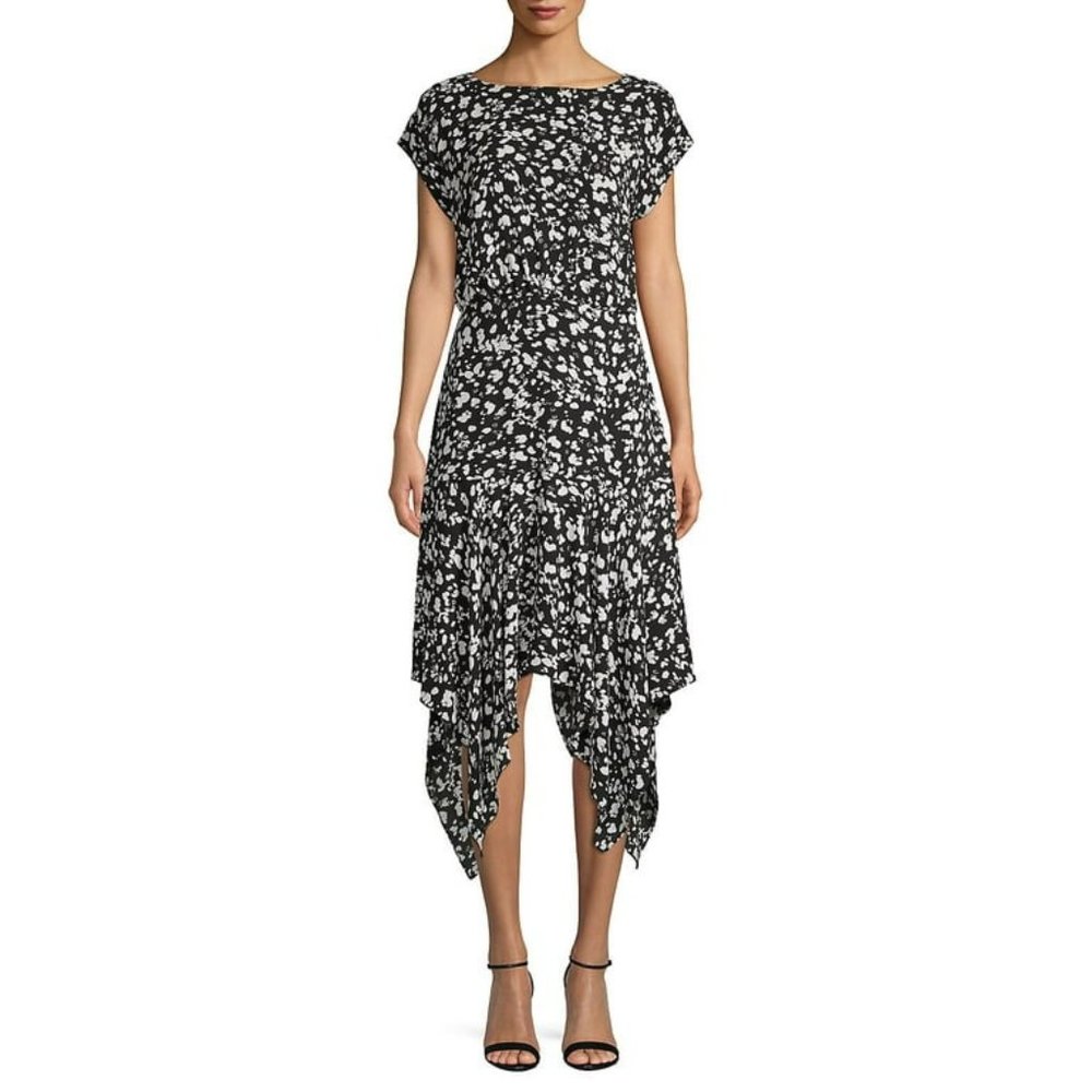 Vince Camuto Womans Print Handkerchief Hem Dress Black White Short Sleeve size 4
